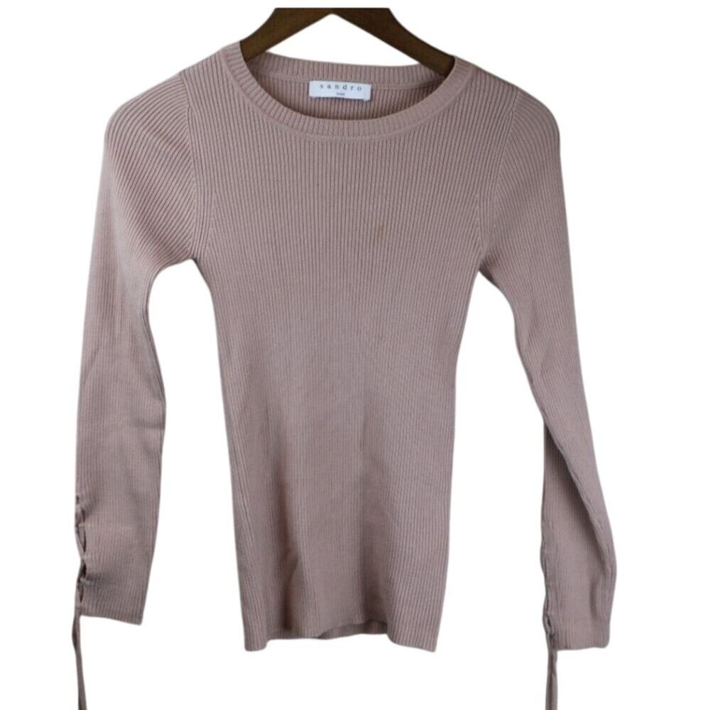 Sandro 1 XS Rib Knitted Light Pink Sweater Stretch Long Sleeves Lace Up Side